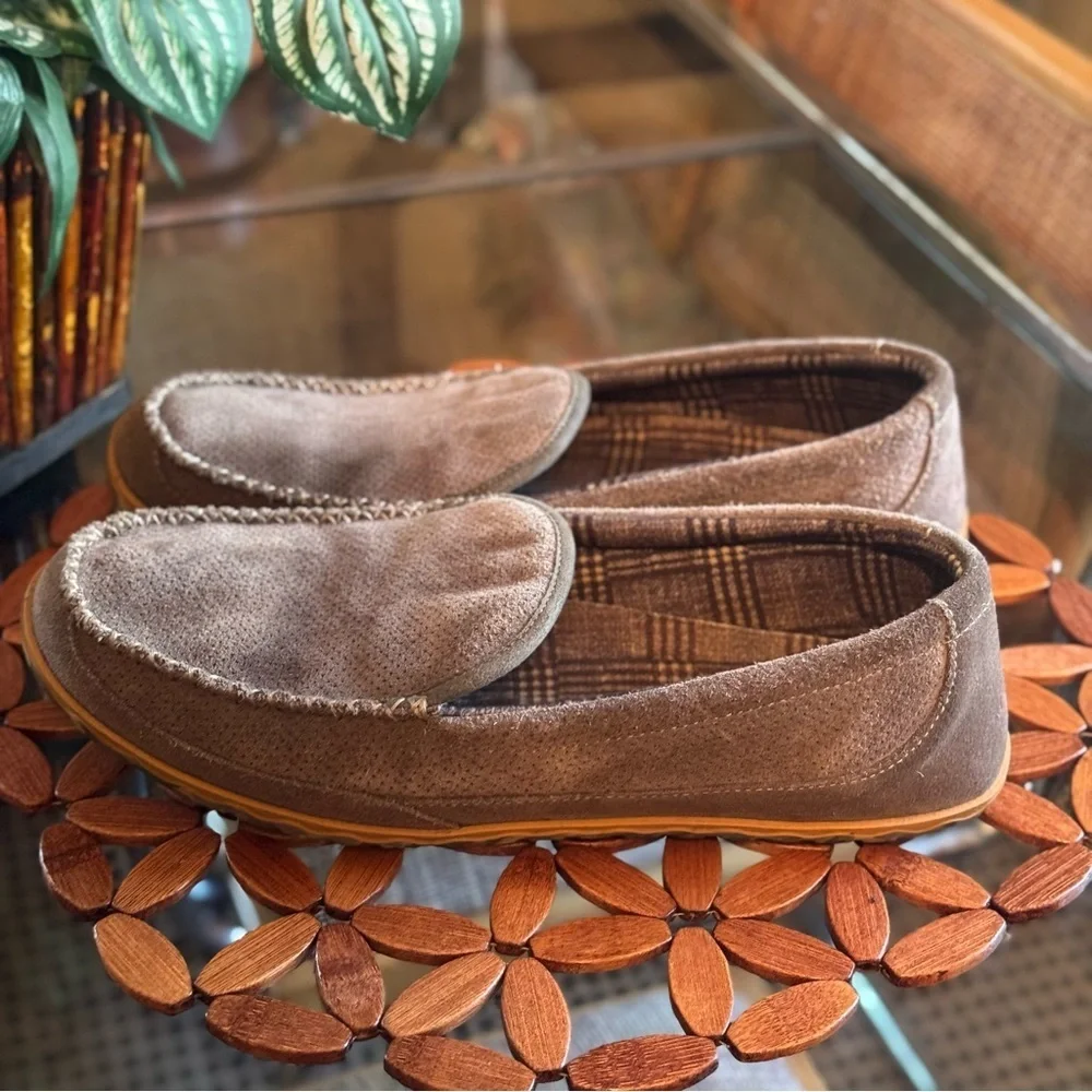 L.L. BEAN  Perforated Brown Suede Flannel Lined Camo Sole Mountain Slippers 14M